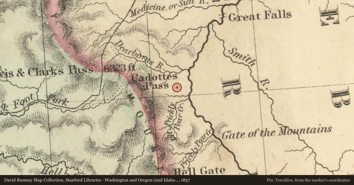 Washington and Oregon (and Idaho and Montana), 1857, covering the location of Cliffs High and Steep: The Adel Mountains, with a pin at the marker's coordinates