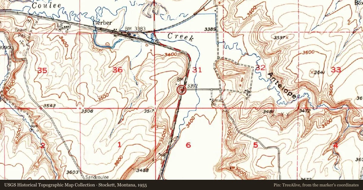Stockett, Montana, 1955, covering the location of Coal Mines and Railroads, with a pin at the marker's coordinates