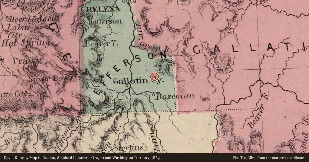 Oregon and Washington Territory, 1869, covering the location of Colter’s Run, with a pin at the marker's coordinates