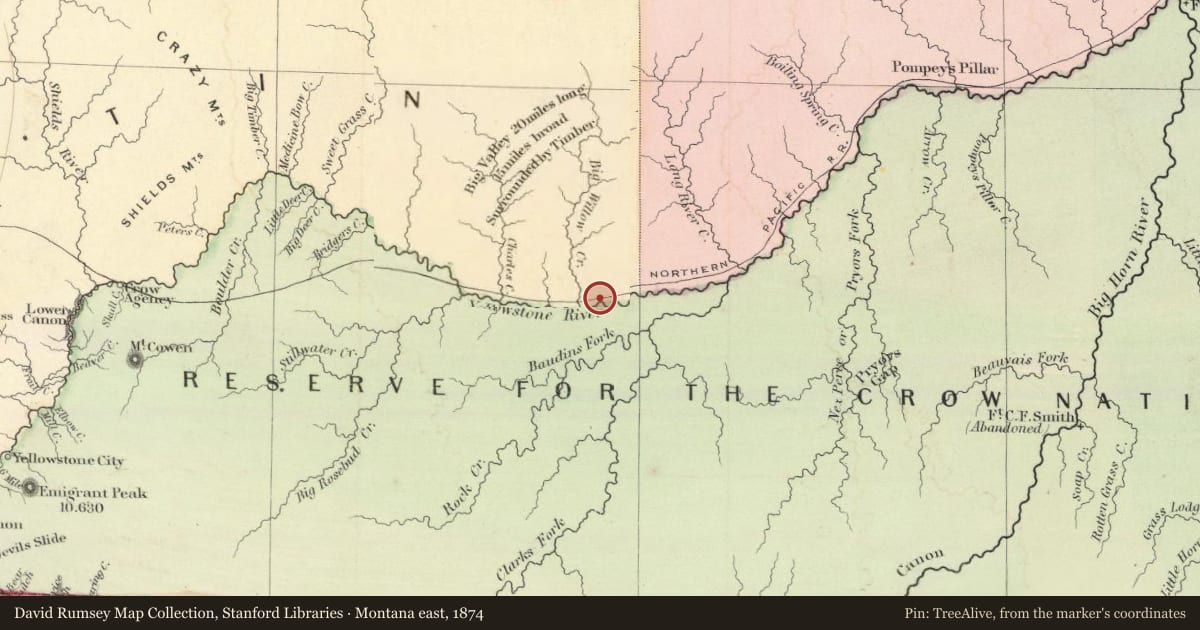 Montana east, 1874, covering the location of Columbus, with a pin at the marker's coordinates