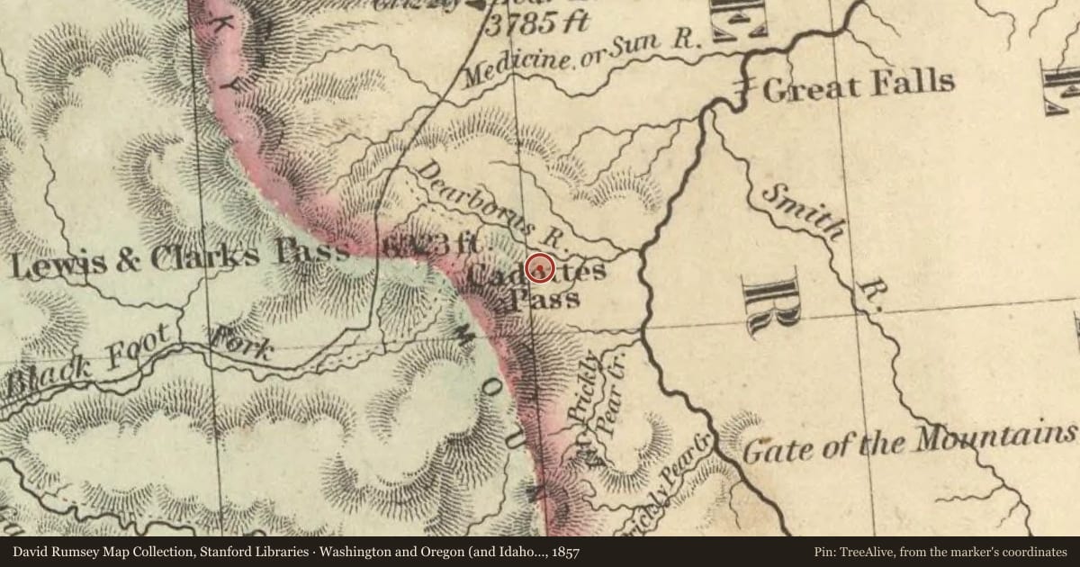 Washington and Oregon (and Idaho and Montana), 1857, covering the location of Dearborn Crossing, with a pin at the marker's coordinates