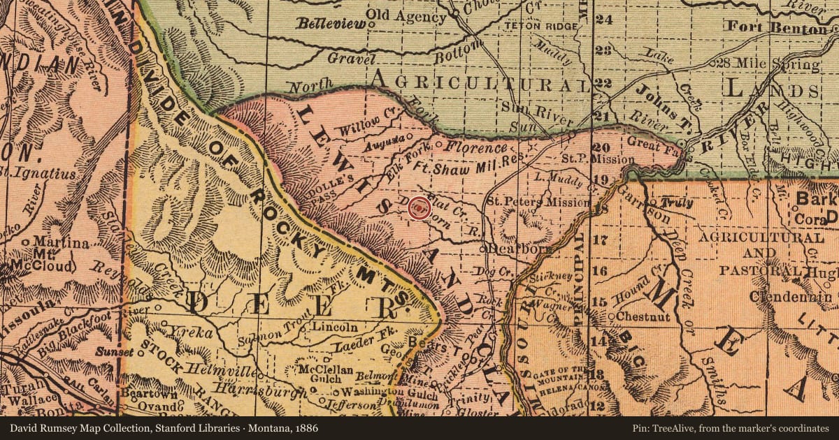 Montana, 1886, covering the location of Dearborn River High Bridge, with a pin at the marker's coordinates
