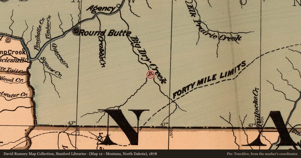 (Map 12 - Montana, North Dakota), 1878, covering the location of Dinosaurs, with a pin at the marker's coordinates