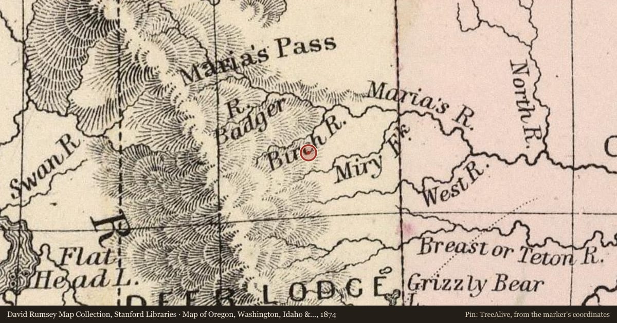 Map of Oregon, Washington, Idaho & Montana, 1874, covering the location of Dupuyer, with a pin at the marker's coordinates