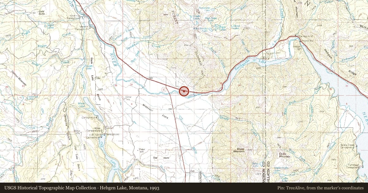 Hebgen Lake, Montana, 1993, covering the location of Earthquakes!, with a pin at the marker's coordinates