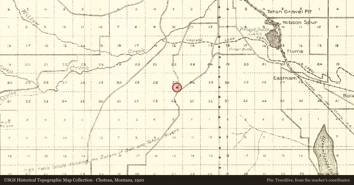 Choteau, Montana, 1920, covering the location of Egg Mountain, with a pin at the marker's coordinates