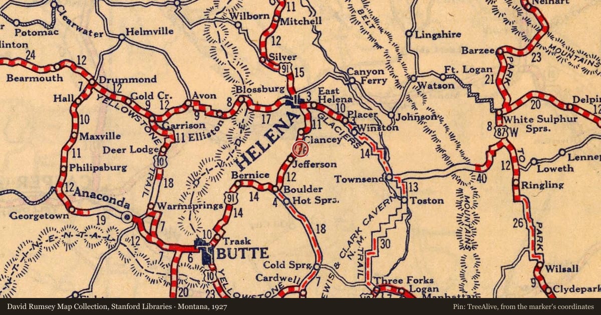 Montana, 1927, covering the location of Elkhorn Volcanoes and the Boulder Batholith, with a pin at the marker's coordinates
