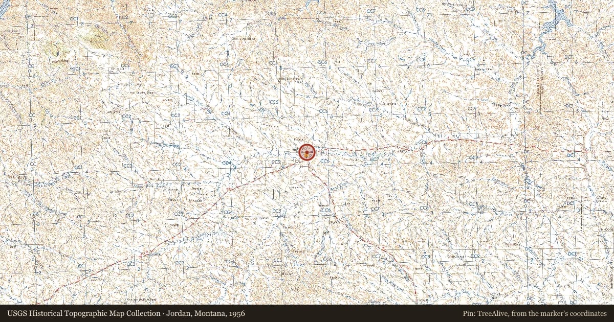 Jordan, Montana, 1956, covering the location of Evidence of a Catastrophic Event, with a pin at the marker's coordinates