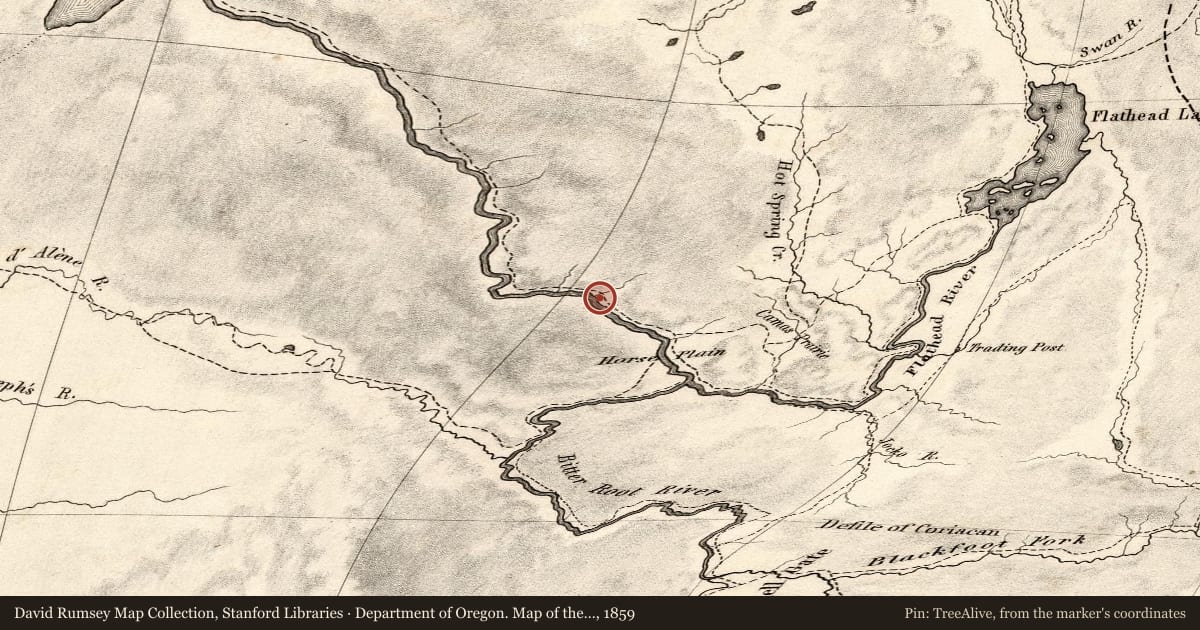 Department of Oregon. Map of the state of Oregon and Washington Territory, 1859, covering the location of Flathead House, with a pin at the marker's coordinates