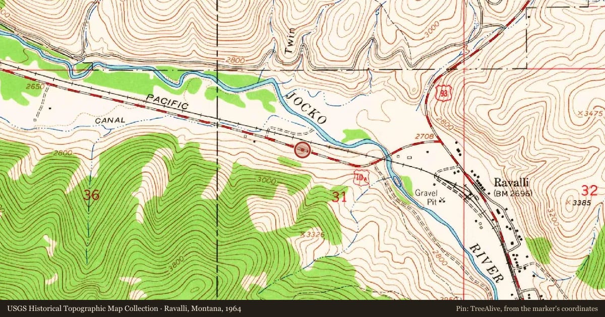 Ravalli, Montana, 1964, covering the location of Flathead Reservation, with a pin at the marker's coordinates