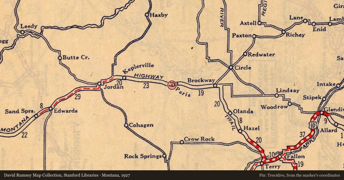Montana, 1927, covering the location of Fort Peck Dam and Lake, with a pin at the marker's coordinates