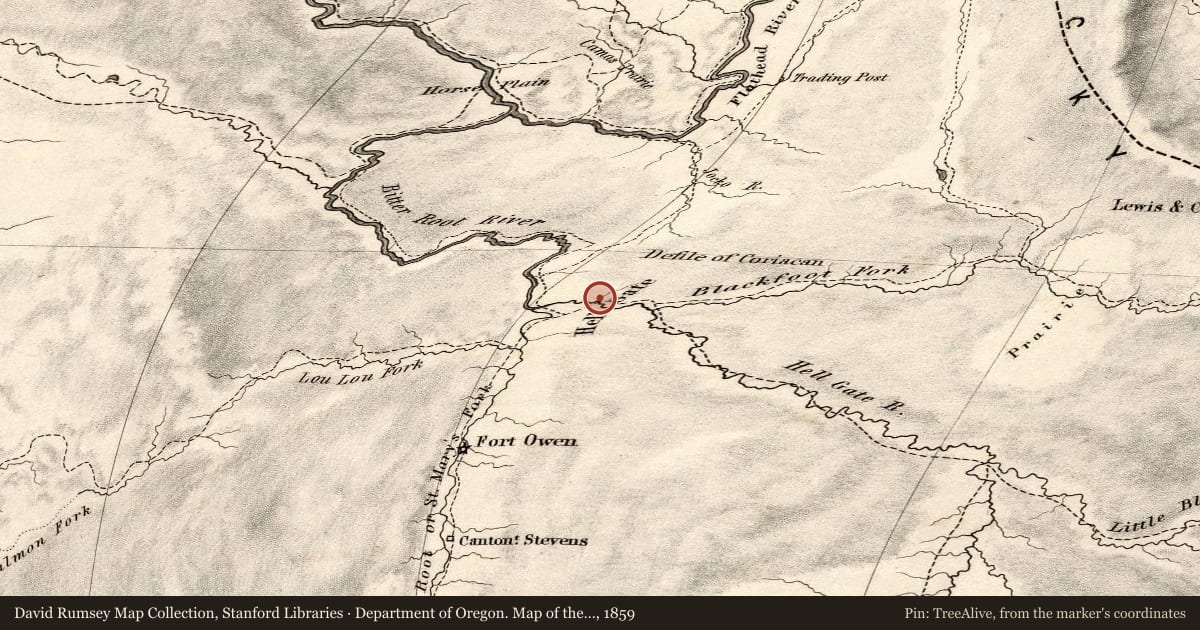 Department of Oregon. Map of the state of Oregon and Washington Territory, 1859, covering the location of Glacial Lake Missoula, with a pin at the marker's coordinates