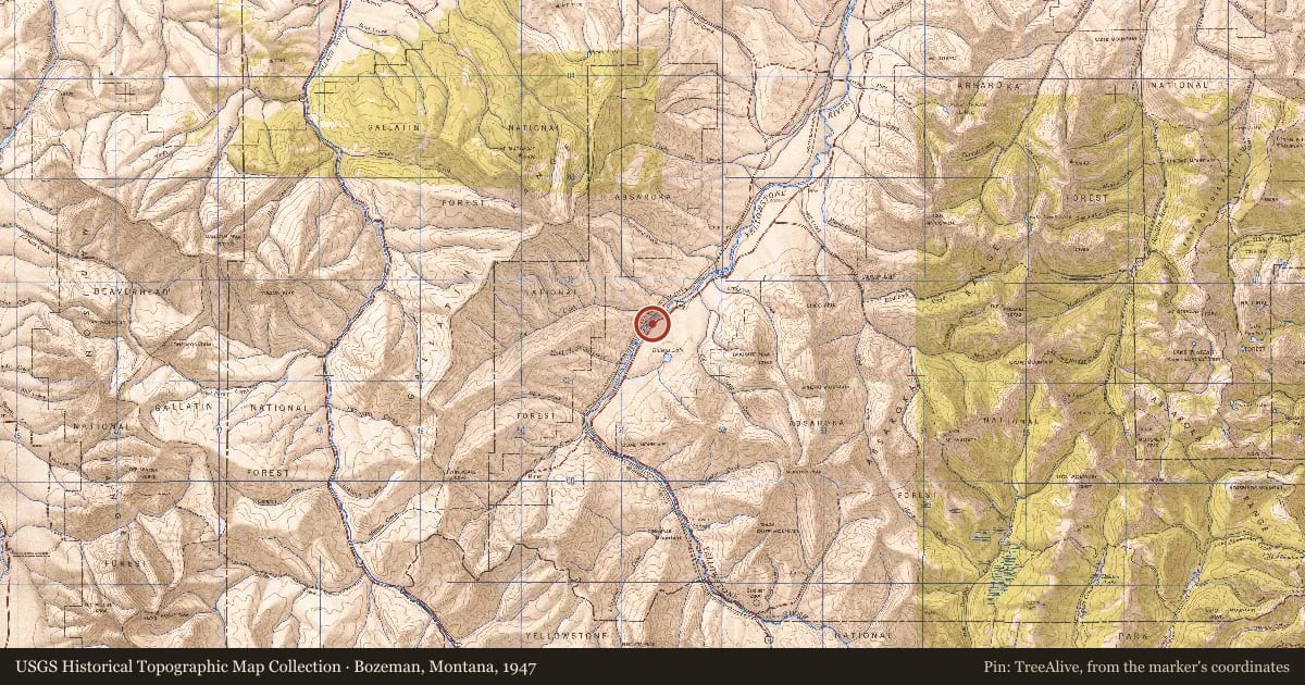 Bozeman, Montana, 1947, covering the location of Hepburn’s Mesa, with a pin at the marker's coordinates