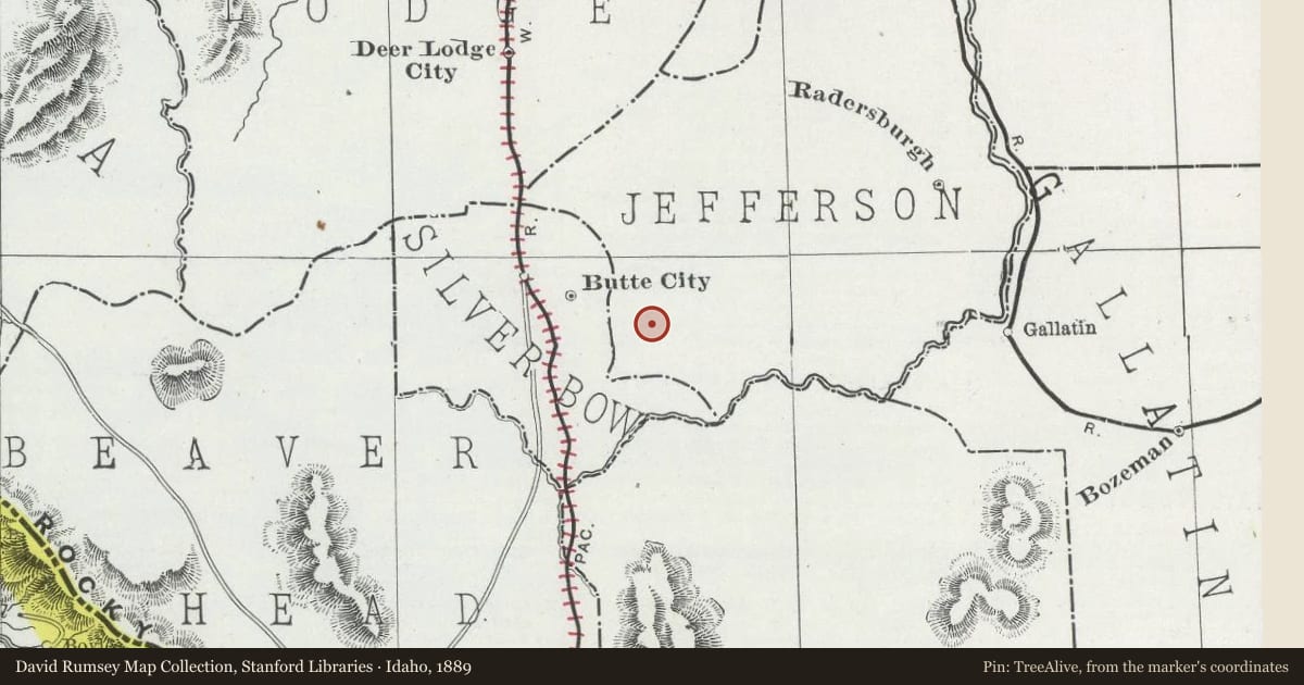 Idaho, 1889, covering the location of Homestake Pass, with a pin at the marker's coordinates