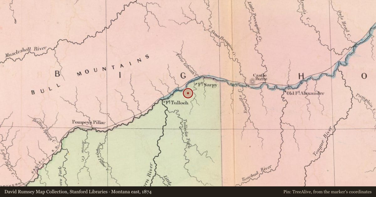 Montana east, 1874, covering the location of Hysham and Treasure County, with a pin at the marker's coordinates