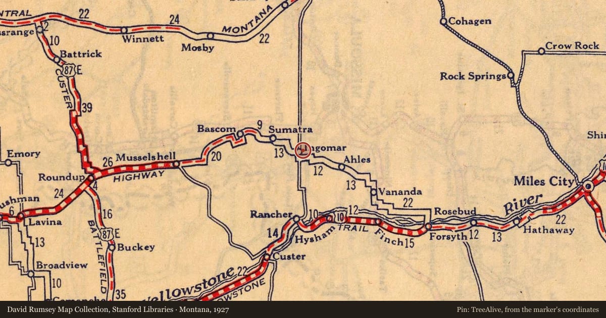 Montana, 1927, covering the location of Ingomar, with a pin at the marker's coordinates
