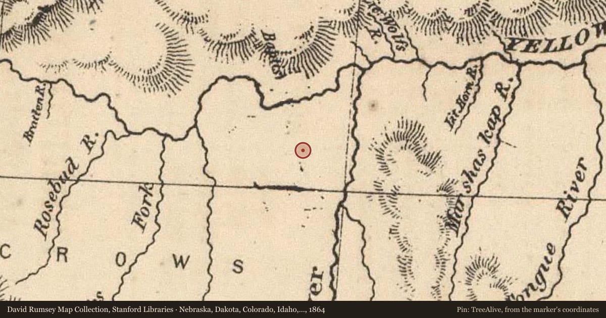 Nebraska, Dakota, Colorado, Idaho, Kansas, 1864, covering the location of Jedediah Smith, with a pin at the marker's coordinates