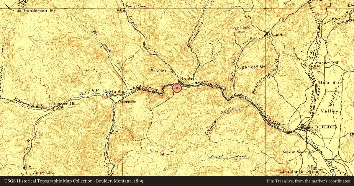 Boulder, Montana, 1899, covering the location of Jib Mill, with a pin at the marker's coordinates