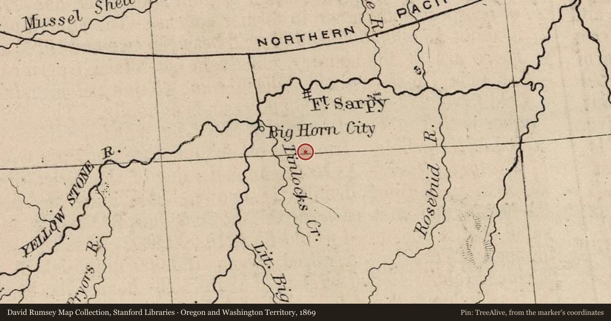 Oregon and Washington Territory, 1869, covering the location of Junction of Big Horn and Yellowstone Rivers, with a pin at the marker's coordinates