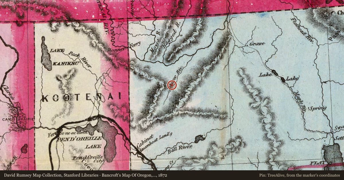 Bancroft's Map Of Oregon, Washington, Idaho, Montana And British Columbia, 1872, covering the location of Kootenai Falls and the Belt Supergroup, with a pin at the marker's coordinates