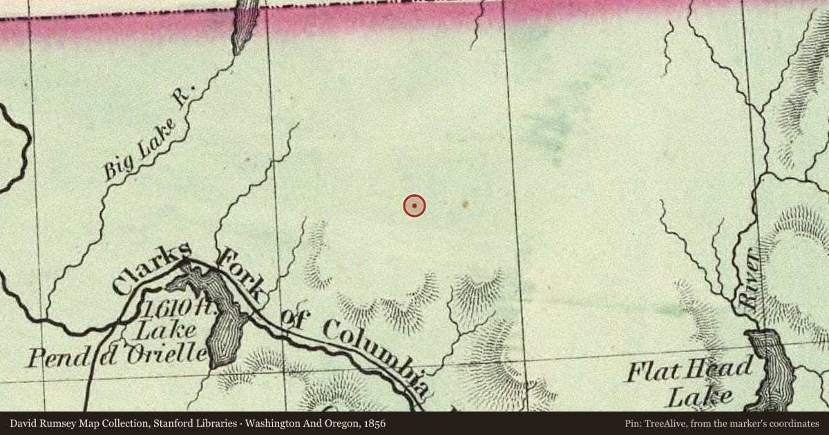 Washington And Oregon, 1856, covering the location of Kootenai River, with a pin at the marker's coordinates