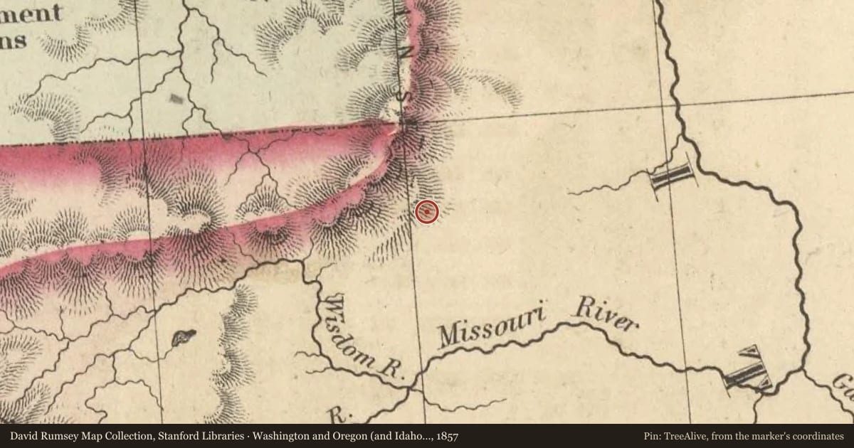 Washington and Oregon (and Idaho and Montana), 1857, covering the location of Lewis and Clark Expedition, with a pin at the marker's coordinates