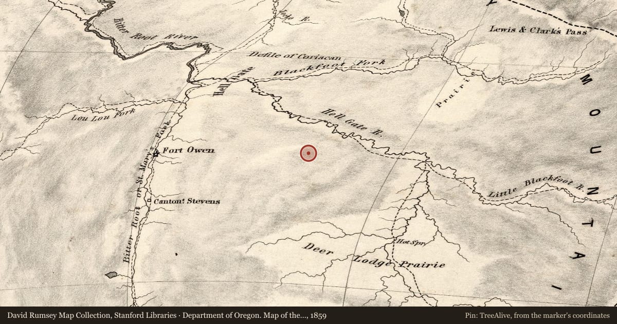 Department of Oregon. Map of the state of Oregon and Washington Territory, 1859, covering the location of Lewis and Clark in Salish Territory, with a pin at the marker's coordinates