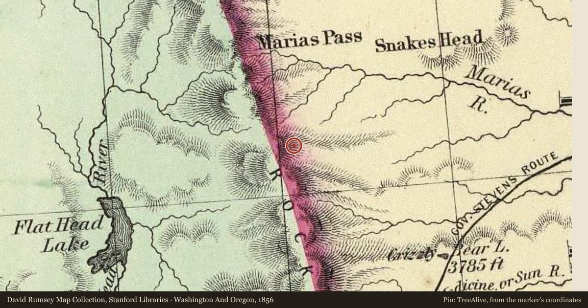 Washington And Oregon, 1856, covering the location of Lewis Overthrust Fault, with a pin at the marker's coordinates