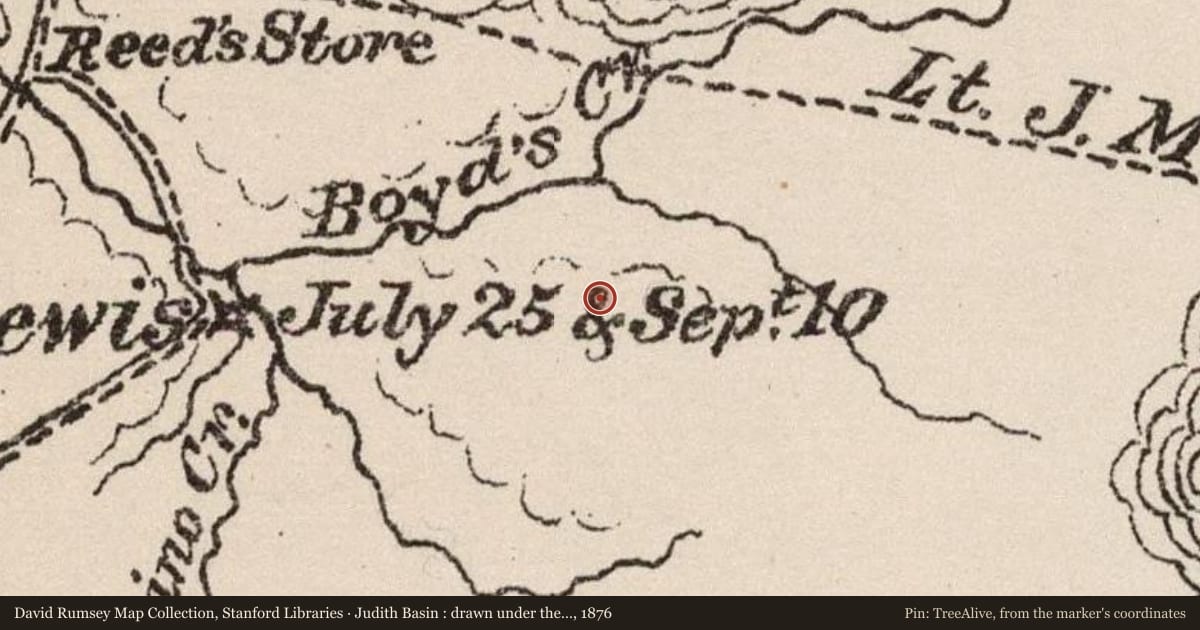 Judith Basin : drawn under the direction of Capt. W. Ludlow Corps of Engineers, 1876, covering the location of Lewistown, with a pin at the marker's coordinates