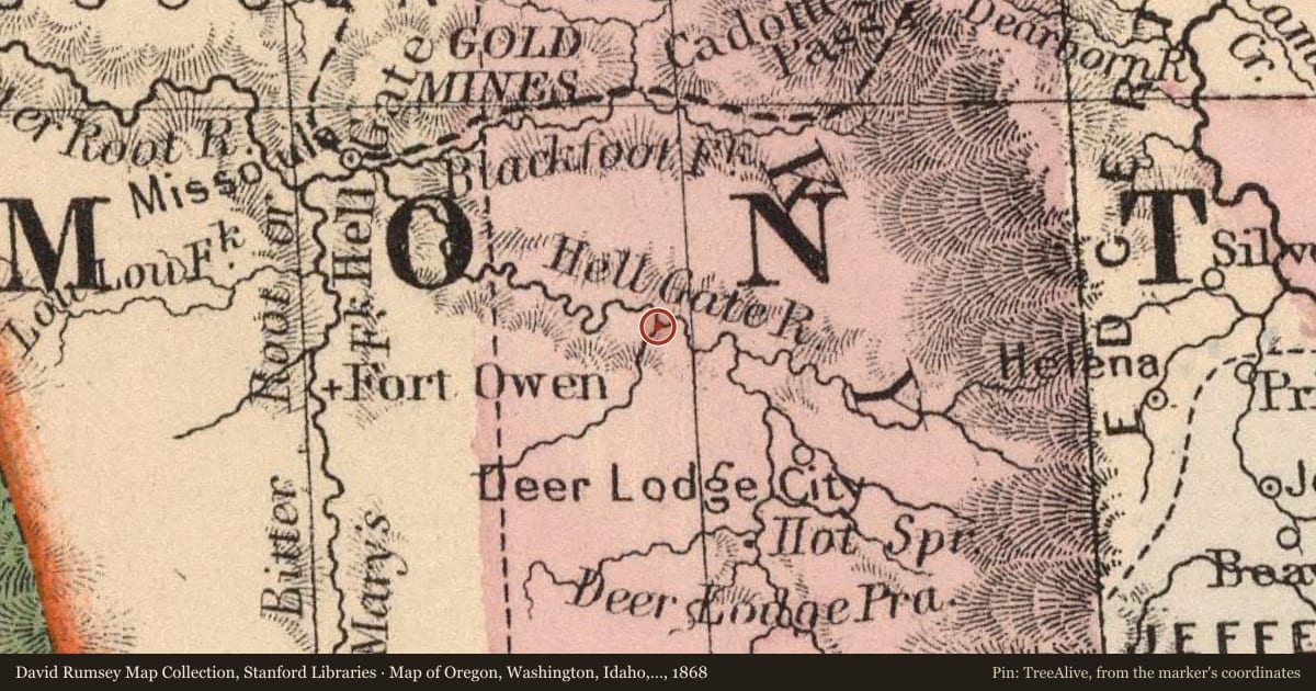 Map of Oregon, Washington, Idaho, and part of Montana, 1868, covering the location of Madison Limestone and the Garnet Range, with a pin at the marker's coordinates