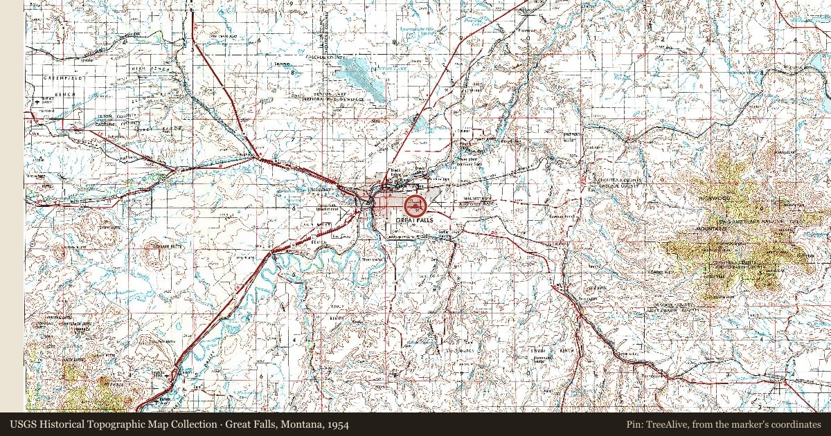 Great Falls, Montana, 1954, covering the location of Malmstrom Air Force Base, with a pin at the marker's coordinates