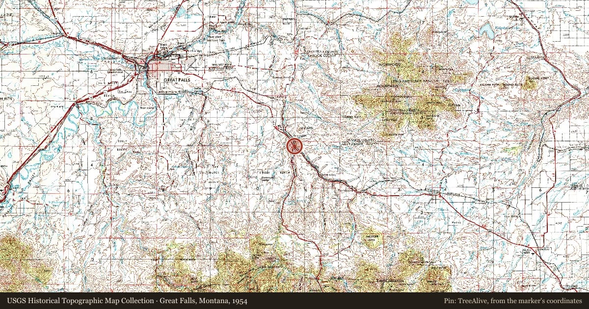 Great Falls, Montana, 1954, covering the location of Mountains, Belt Butte, and the Great Falls Coal Field, with a pin at the marker's coordinates
