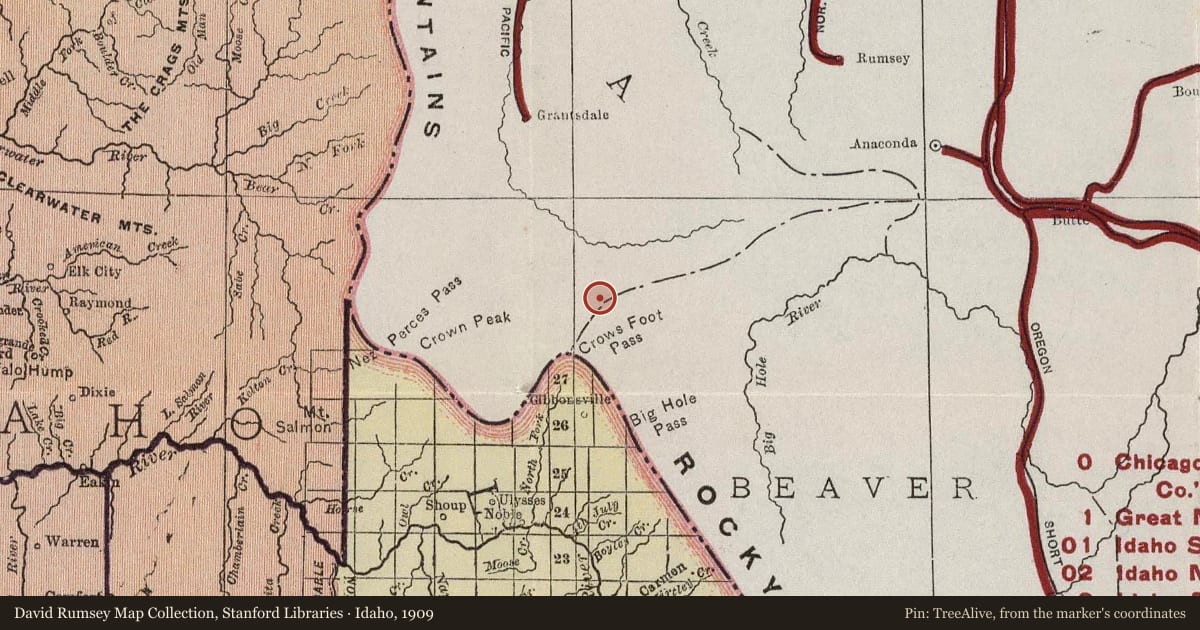 Idaho, 1909, covering the location of Mountains on the Move: The Bitterroot and Sapphire Ranges, with a pin at the marker's coordinates