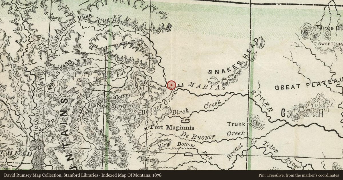 Indexed Map Of Montana, 1878, covering the location of Old Agency, 1880-1894, with a pin at the marker's coordinates