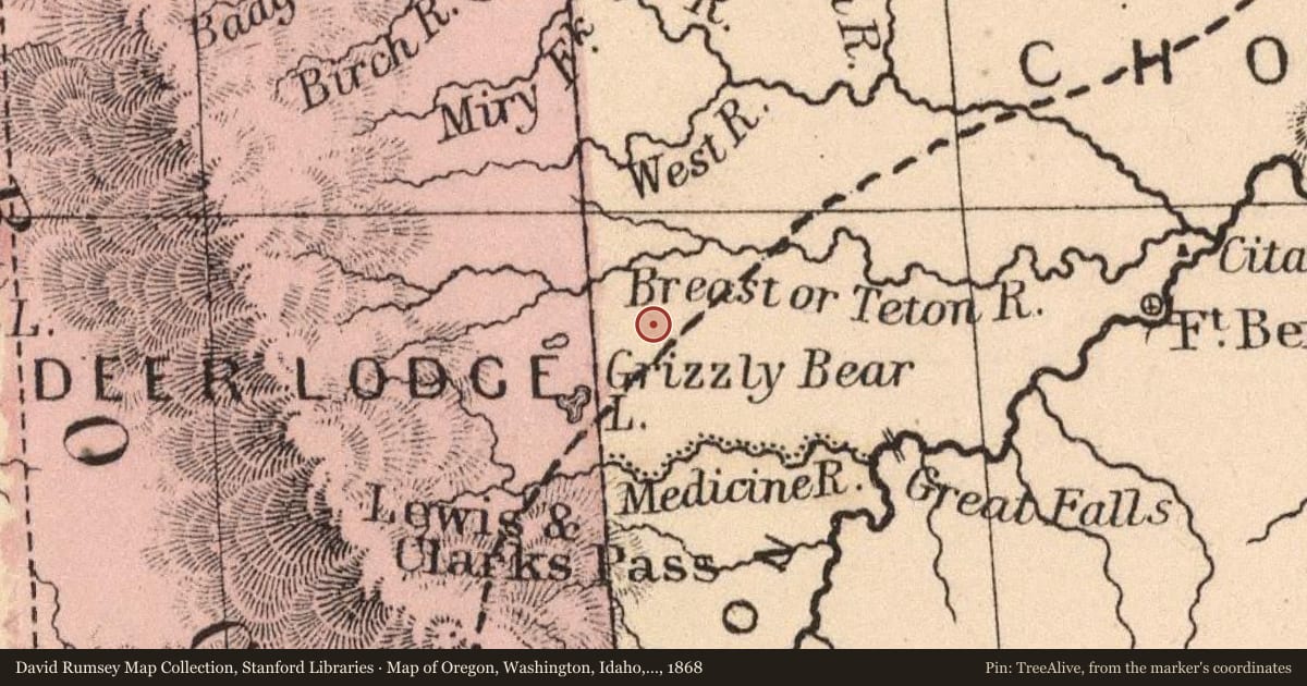 Map of Oregon, Washington, Idaho, and part of Montana, 1868, covering the location of Old Agency on the Teton, with a pin at the marker's coordinates