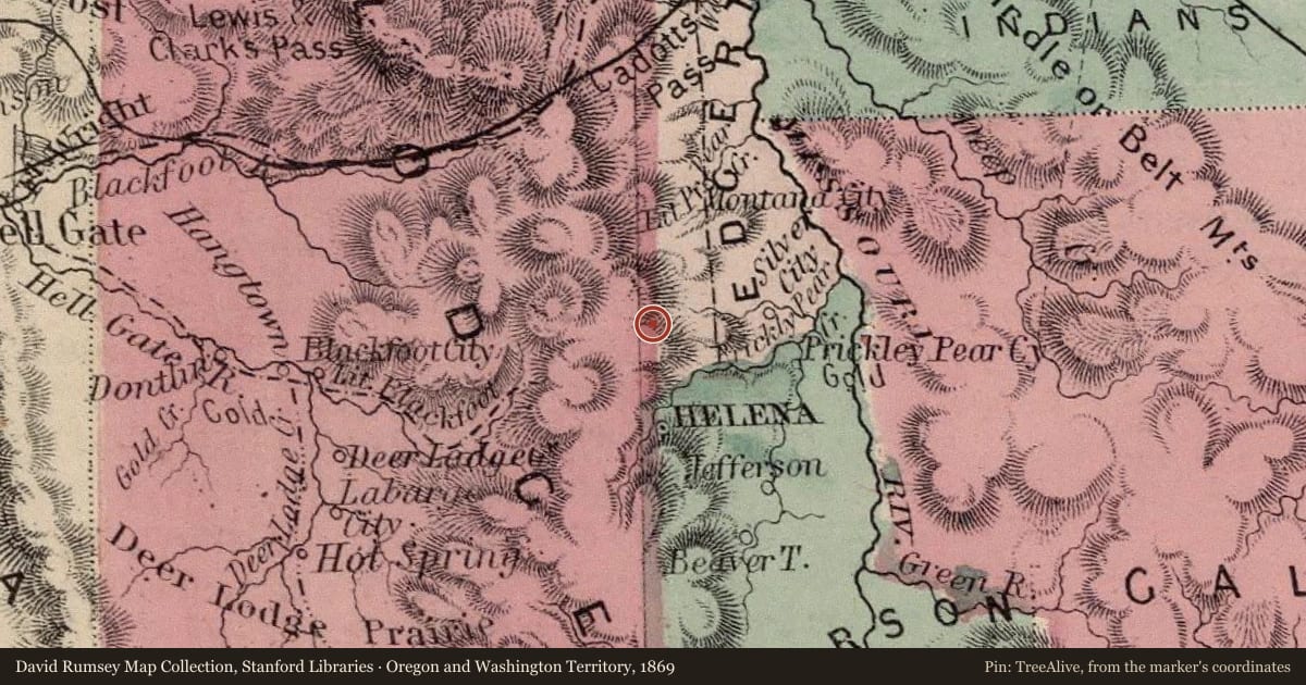Oregon and Washington Territory, 1869, covering the location of Over a Billion Years of Montana’s Geologic History, with a pin at the marker's coordinates