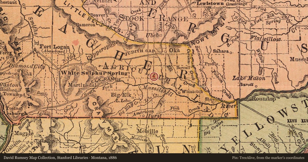 Montana, 1886, covering the location of Paleocene Animals and Albert Silberling, with a pin at the marker's coordinates