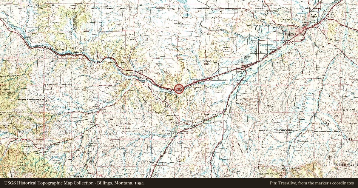 Billings, Montana, 1954, covering the location of Park City, with a pin at the marker's coordinates