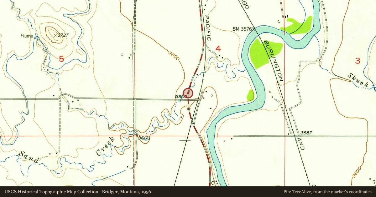 Bridger, Montana, 1956, covering the location of Pryor Mountains and Raptor Country, with a pin at the marker's coordinates