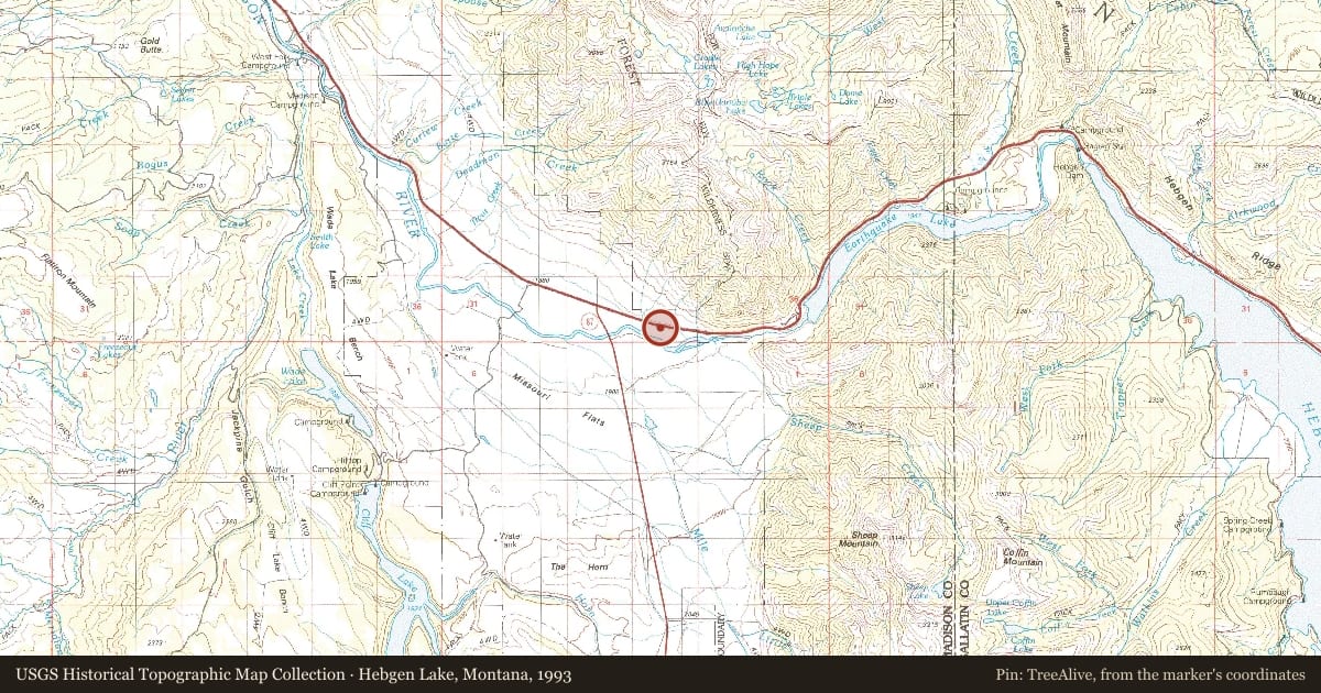Hebgen Lake, Montana, 1993, covering the location of Raynold’s Pass, with a pin at the marker's coordinates