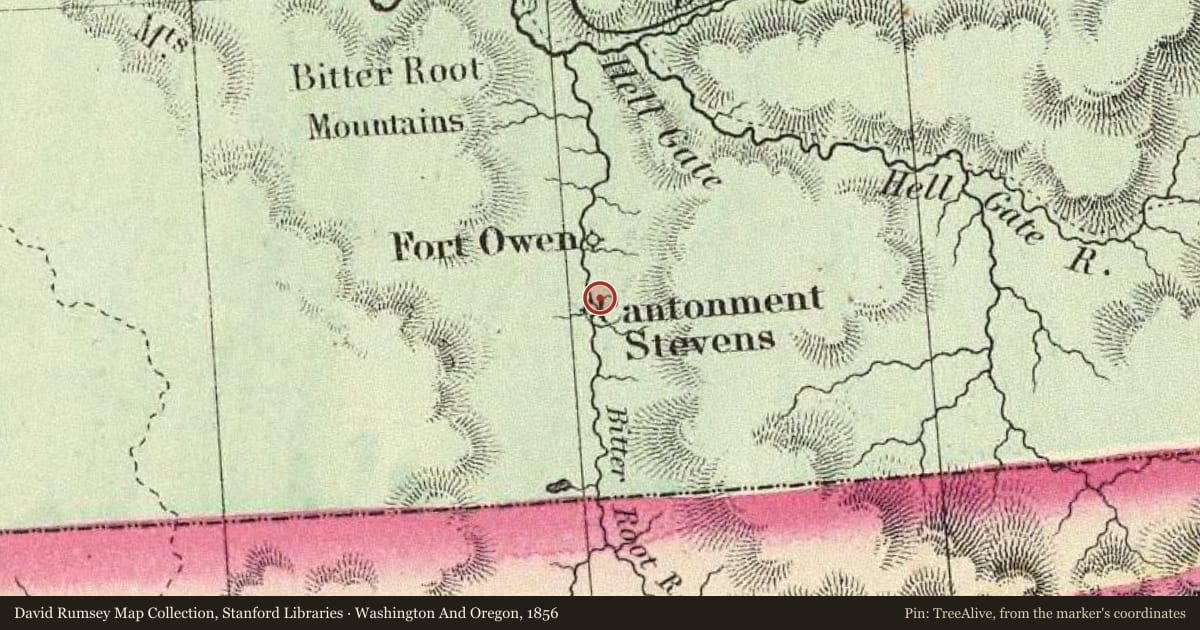 Washington And Oregon, 1856, covering the location of Removal of the Salish from the Bitterroot Valley, 1855-1891, with a pin at the marker's coordinates