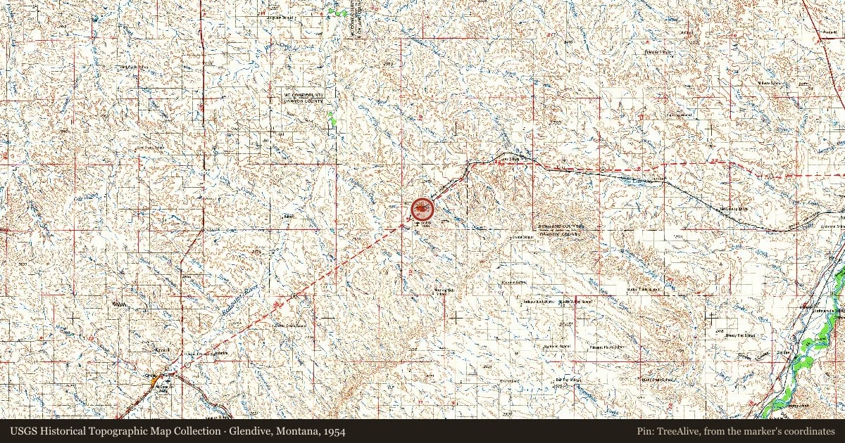 Glendive, Montana, 1954, covering the location of Richey, with a pin at the marker's coordinates