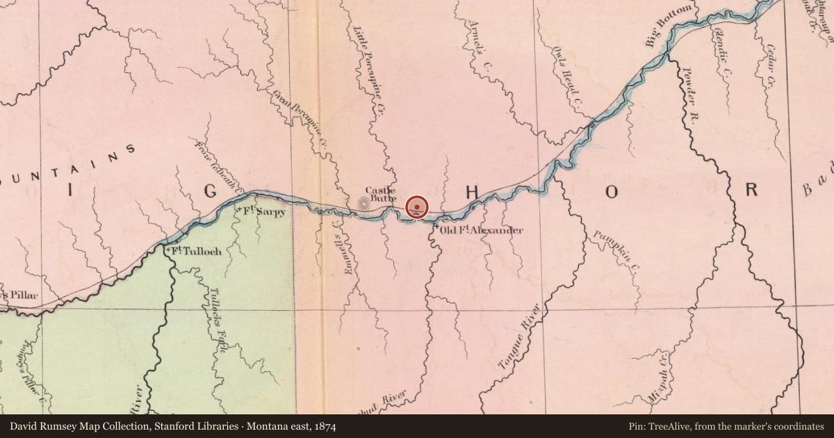 Montana east, 1874, covering the location of Rosebud Creek, with a pin at the marker's coordinates