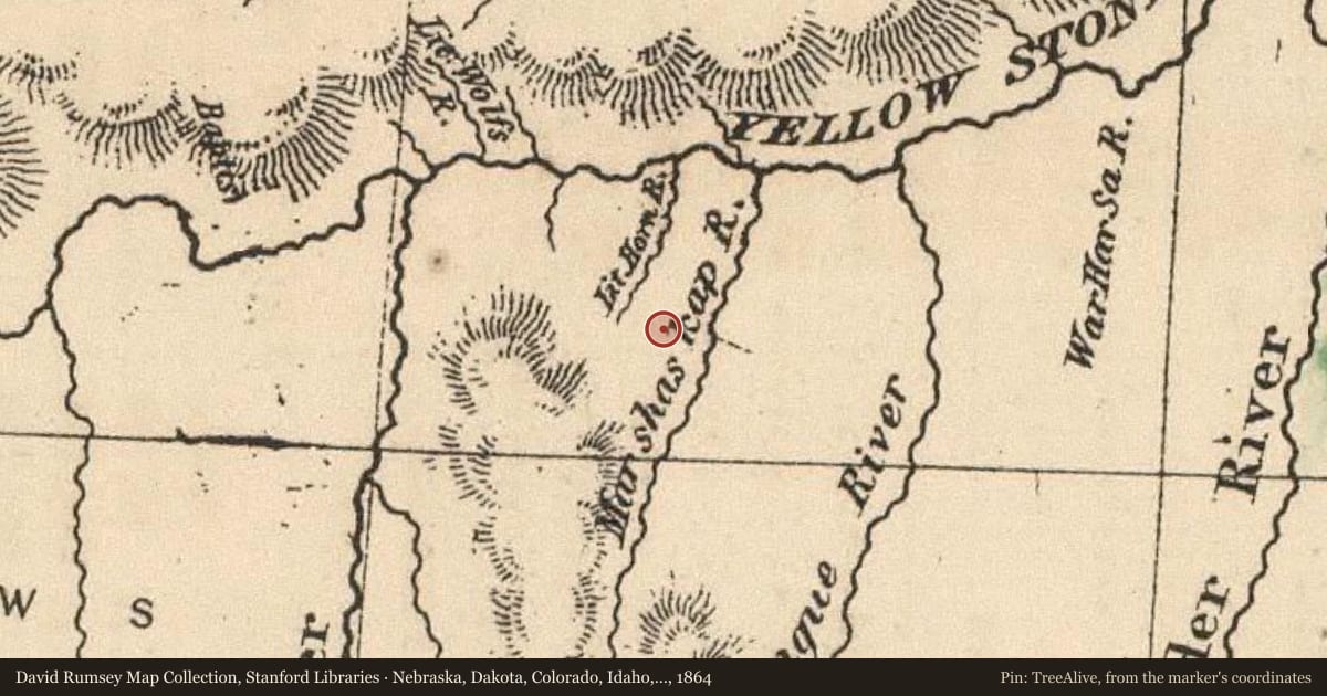 Nebraska, Dakota, Colorado, Idaho, Kansas, 1864, covering the location of Rosebud, with a pin at the marker's coordinates