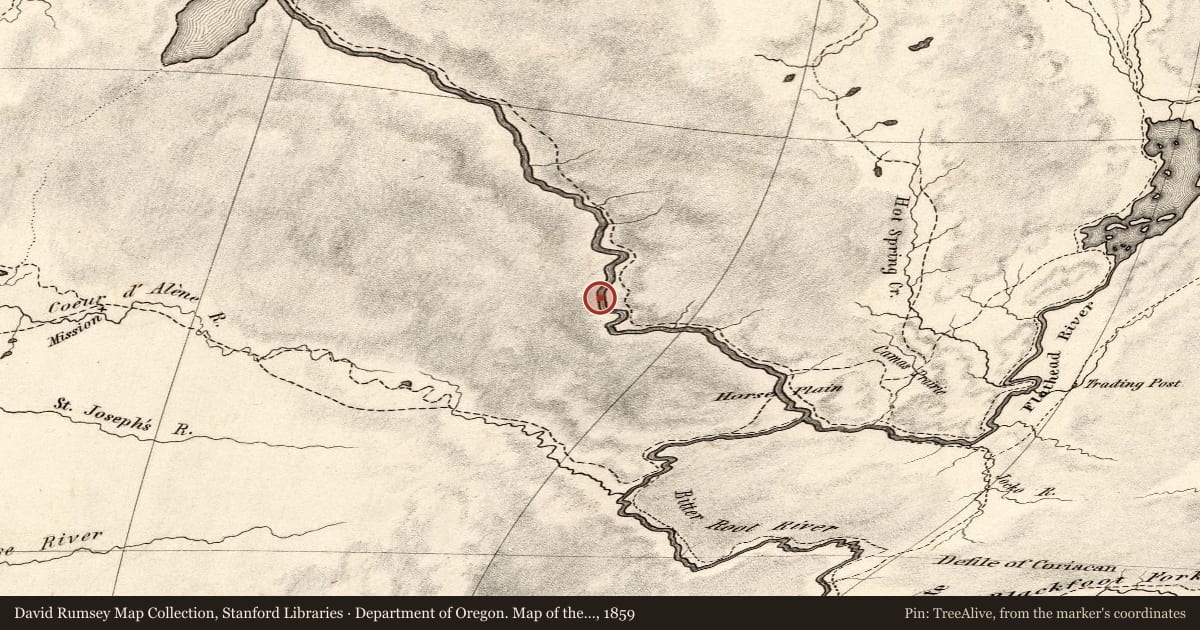 Department of Oregon. Map of the state of Oregon and Washington Territory, 1859, covering the location of Saleesh House, with a pin at the marker's coordinates