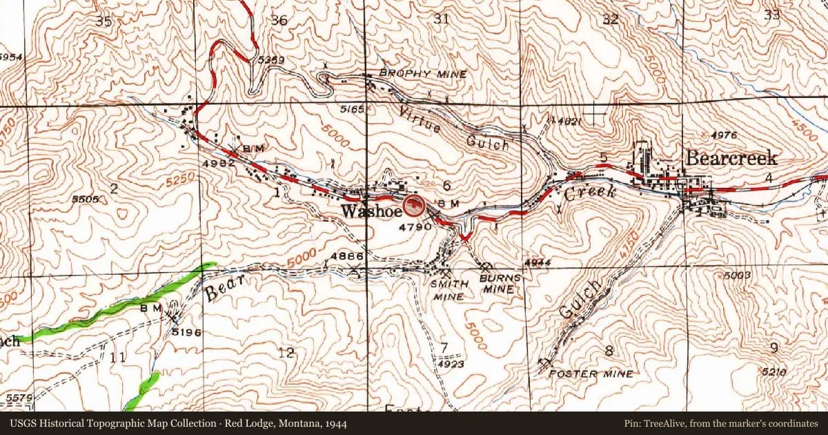 Red Lodge, Montana, 1944, covering the location of Smith Mine Disaster, with a pin at the marker's coordinates