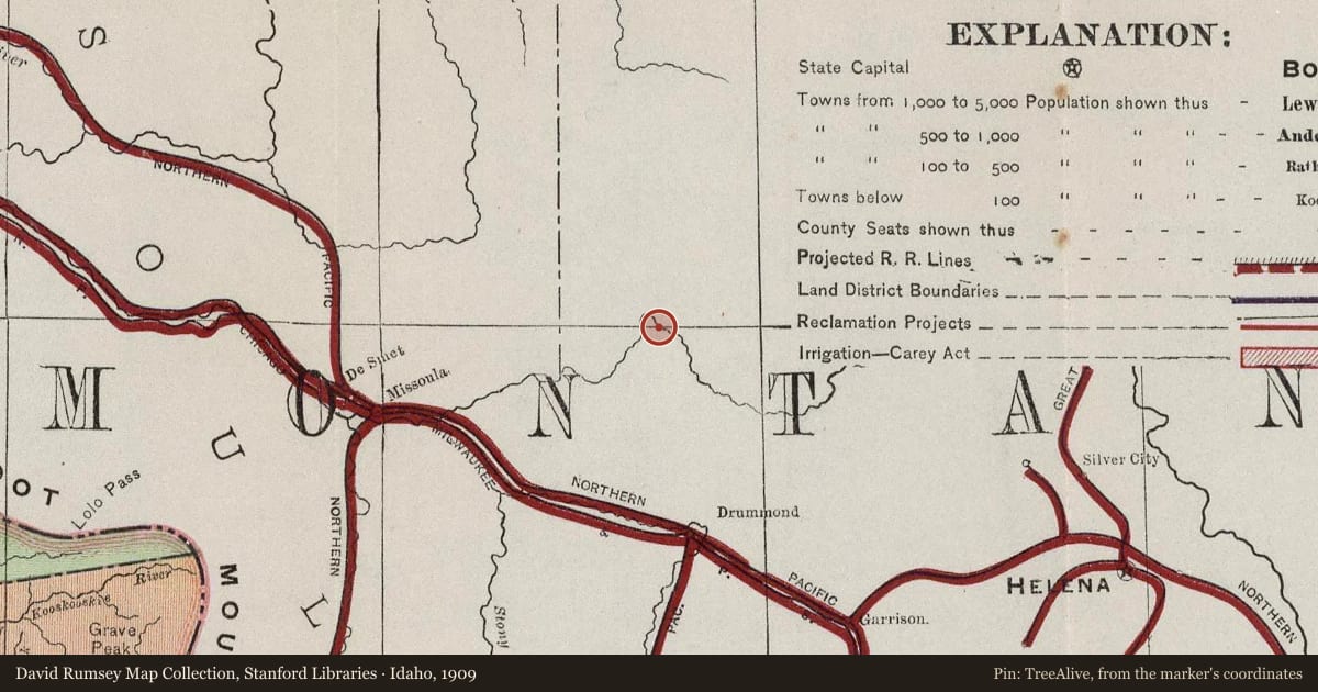 Idaho, 1909, covering the location of Souvenirs of the Ice Age, with a pin at the marker's coordinates