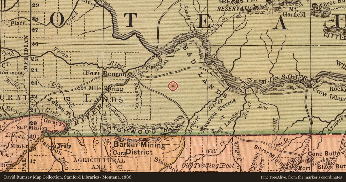 Montana, 1886, covering the location of Square Butte and Shonkin Sag, with a pin at the marker's coordinates