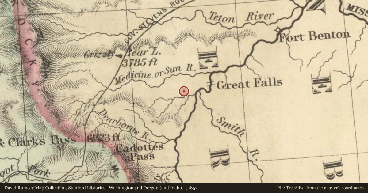 Washington and Oregon (and Idaho and Montana), 1857, covering the location of Sun River Crossing, with a pin at the marker's coordinates