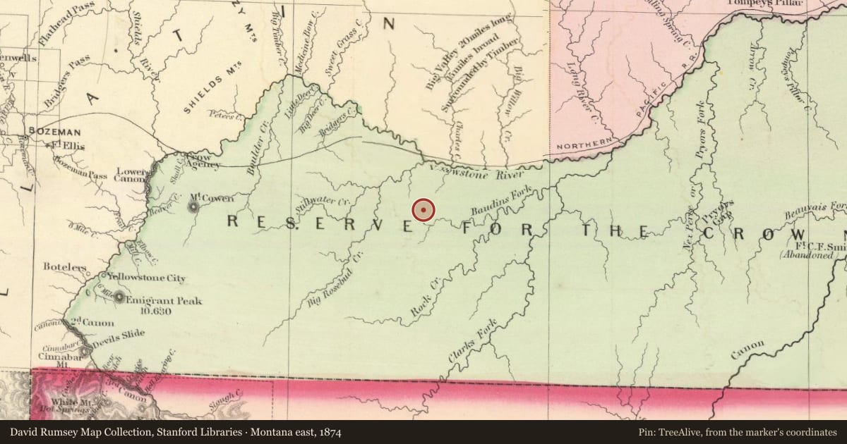 Montana east, 1874, covering the location of The Absaroka Agency, with a pin at the marker's coordinates
